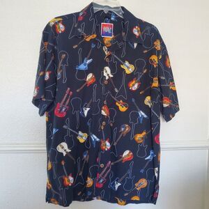 Vintage Dem Crazy Shirt Mens L Guitar All Over Print Button Up Short Sleeve Blk